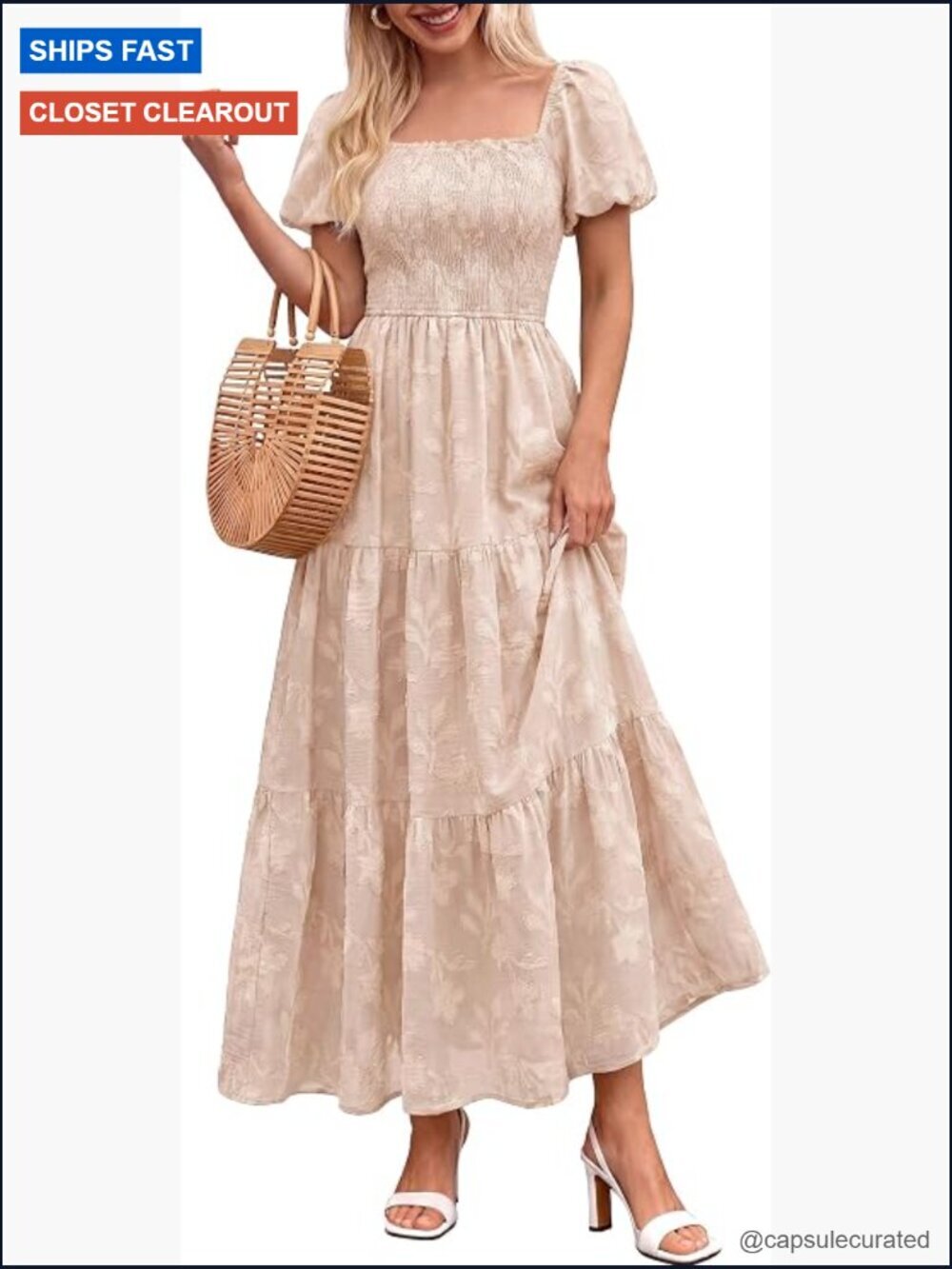 Boho Floral Maxi Dress Square Neck Smocked Flowy Tiered Ruffle Pockets